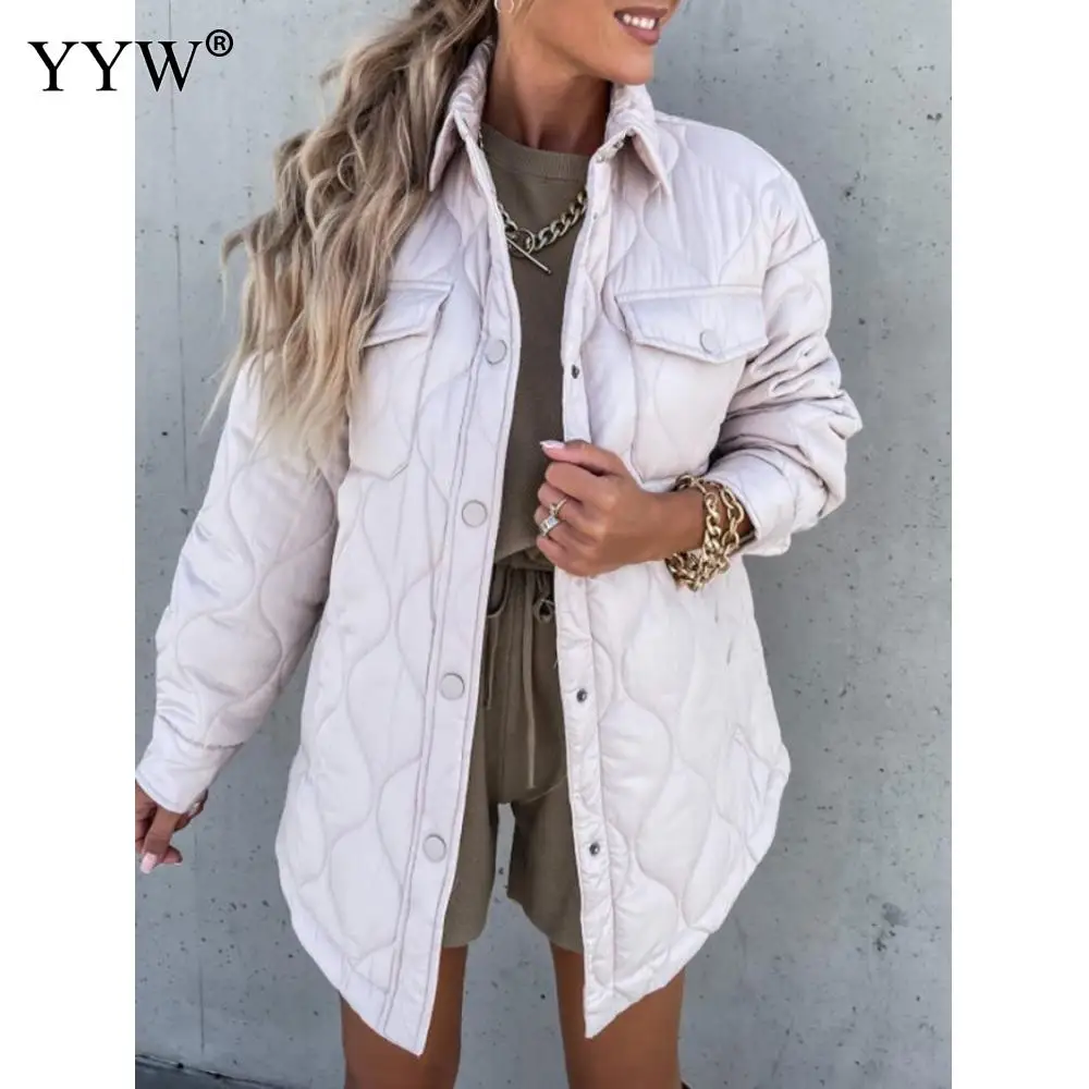 

YYW Casual Front Buttons Parkas Women Fashion Turn Down Collar Coats Women Elegant Pockets Cotton Jackets White Women Parkas