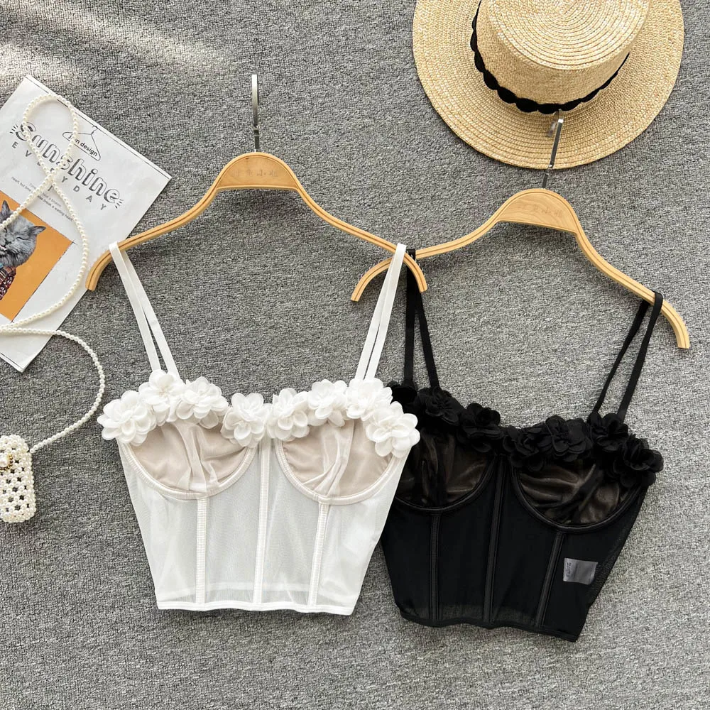 

Sexy Mesh Crop Top Women Vintage Aesthetic Corset Tops Lace Spaghetti Strap Tanks and Camis for Woman Fashion Summer Clothes