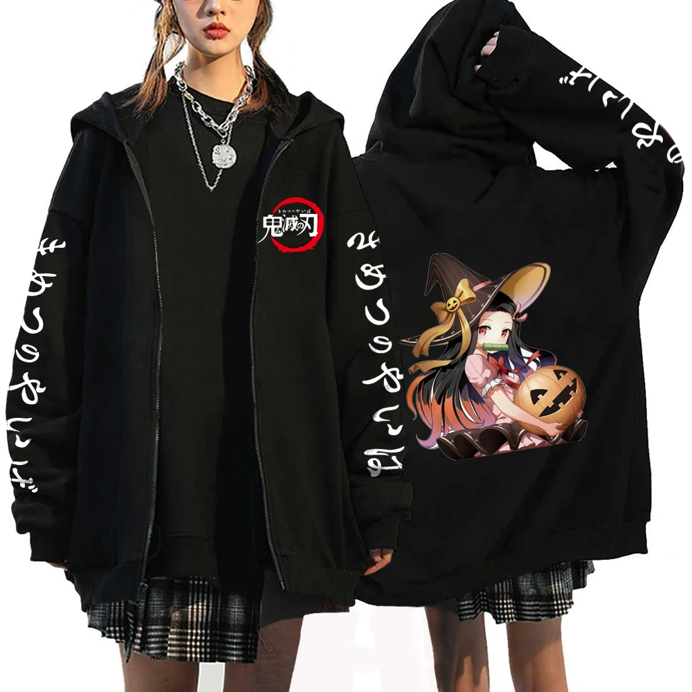 Anime Demon Slayer Print Hoodies Christmas Zip Up Jackets Women Harajuku Casual Hooded Hip Hop Streetwear Sweatshirts Y2K Tops
