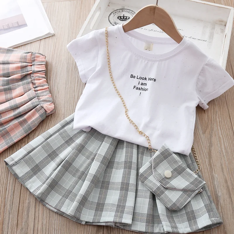 

Girls Suit t shirt+tartan skirt+bag 3pcs Casual Clothe Kids Summer Short Sleeve Princess Dress Children Birthday Party Clothing