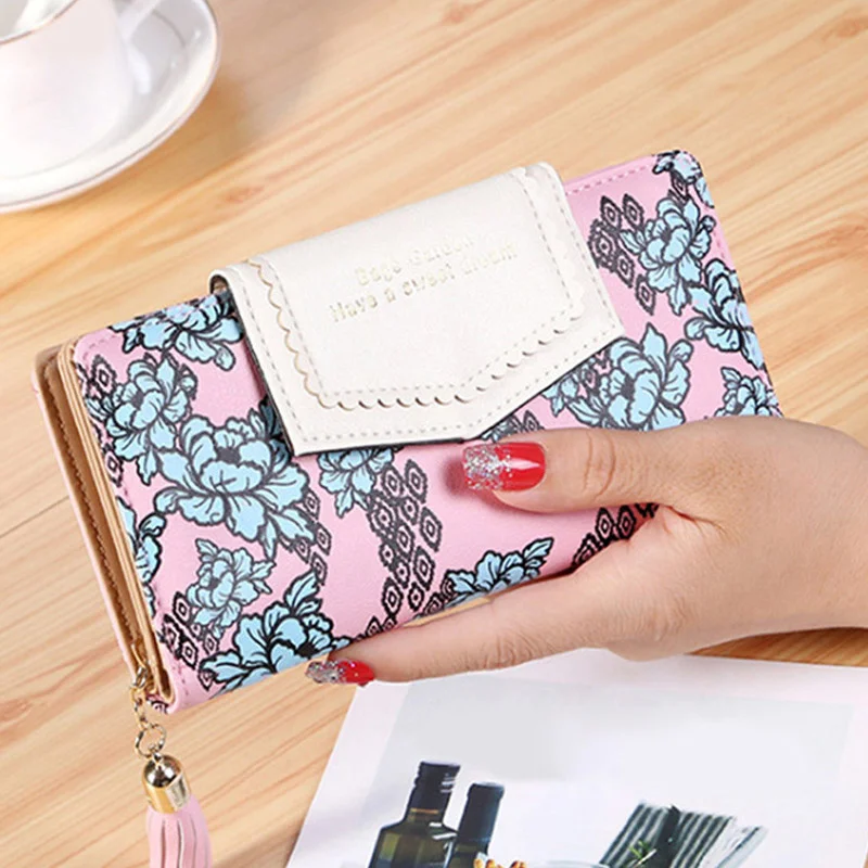 

Tassel Zipper Clutch Wallets Women Floral Hasp Purse Ladies Long Wallet Phone Bag Credit Card Photo Holder Change Coin Purse