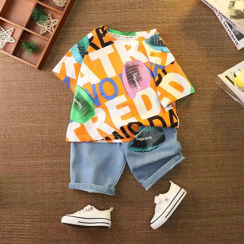 

Kids Boys Short Sleeve Summer Suit 2023 New Childrens Korean Summer Clothing Baby Casual Two Piece Set Trend Kids Outfits