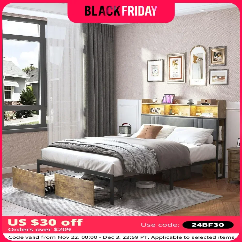 Каркас кровати с книжным шкафом для хранения изголовьем и 2 ящиками