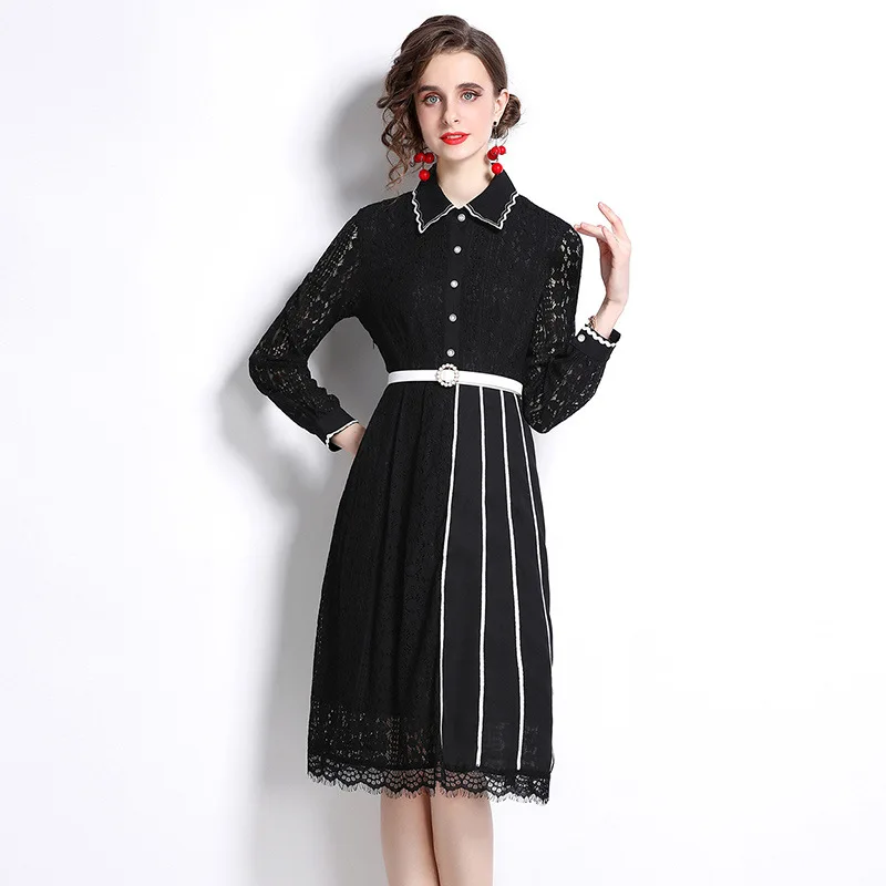 

French Chiffon Flare Sleeve Pastrol Women Summer Dress C Vintage 2022 Patchwork Lace Turn-Down Collar Long Party Female Vestido