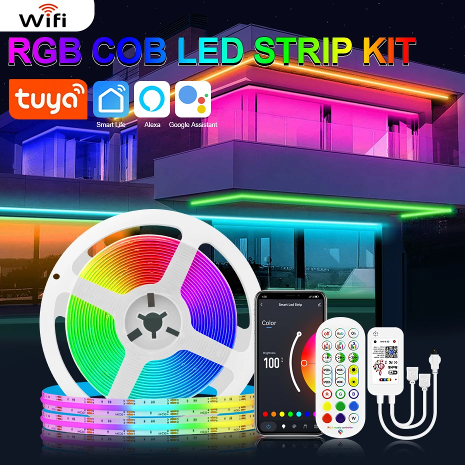 RGB COB светодиодная лента DC24V 840LEDs/m Tuya Smart Led лента дистанционного управления диммируемая гибкая лента для DIY украшения освещения