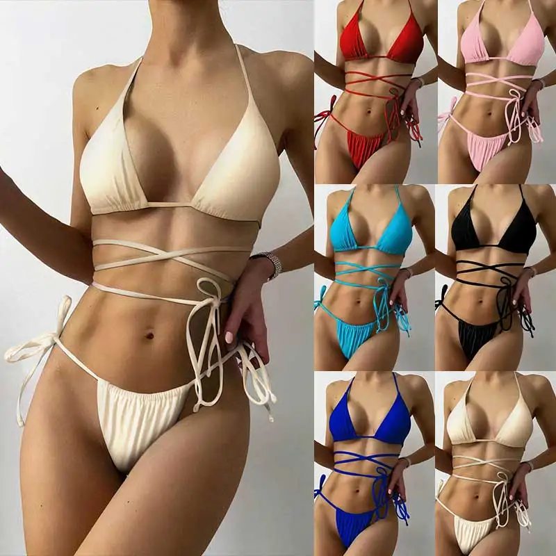 2022 Sexy Bikini Multicolor Brazilian Thong Swimwear Women Bandage Solid Swimsuit Micro Beachwear Swimsuit Summer Bikini Set