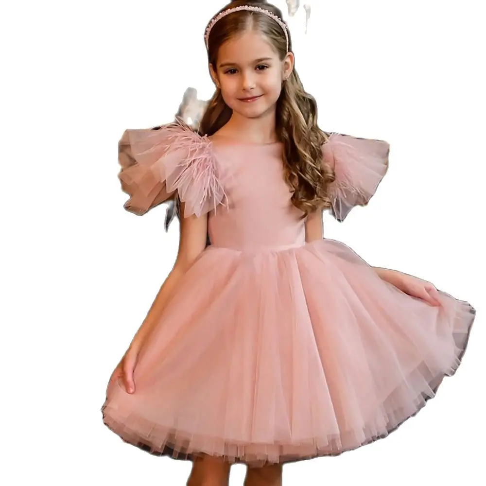 

Elegance Blush Powder Flower Girl Dresses Princess Feather Sleeves Bow Children Birthday Party Gown платье для девочки
