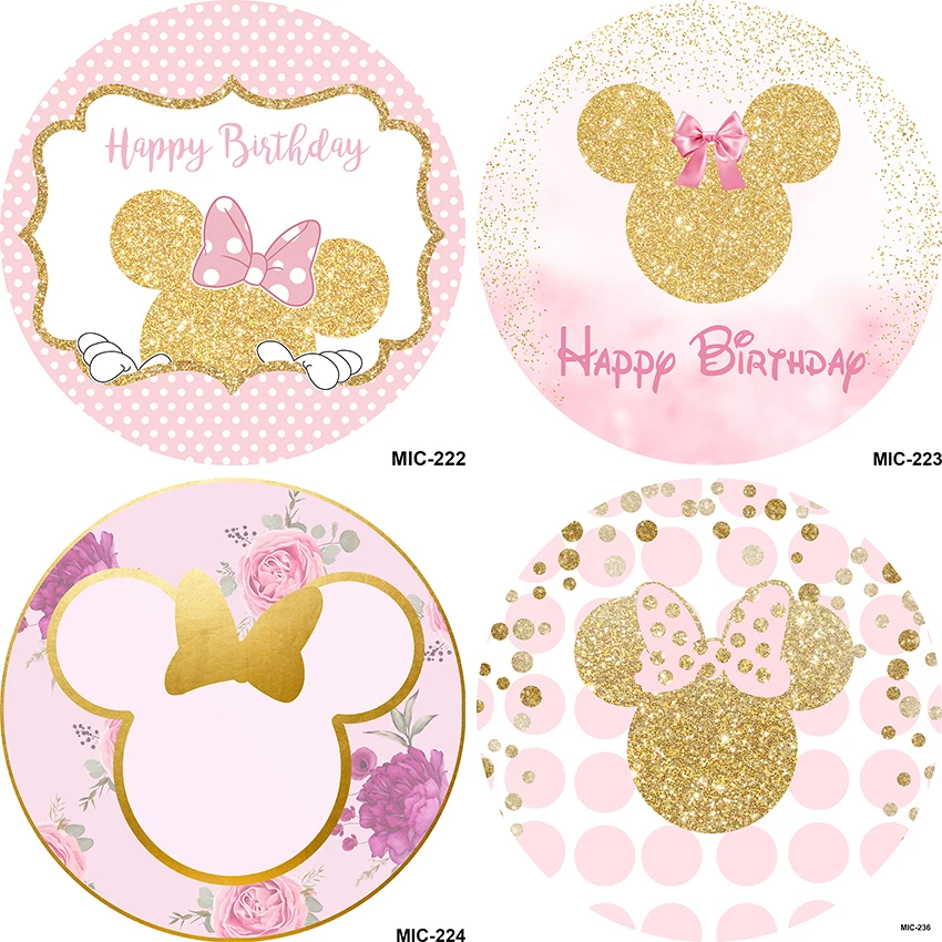 Fondo redondo de flor rosa, Fondo de foto circular, cabeza de Minnie Mouse, decoración de fiesta de cumpleaños, cubierta de cilindro de mesa