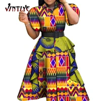 african style women dresses floral print shirt dress puff sleeve knee length dashiki dresses patchwork ruffle without belt wy651