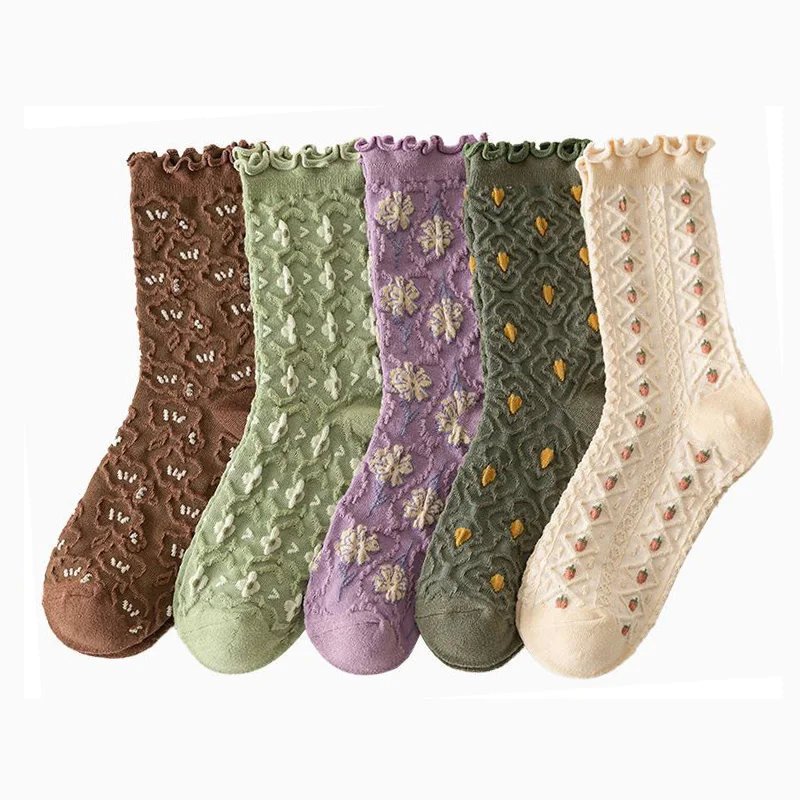 5 Pair Japanese Style Women Socks Crimping Flowers Long Winter Socks Woman Kawaii Breathable Pure Cotton Socks Cute Fashion New
