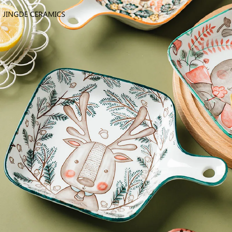 

1pc Hand Drawn In Cartoon Style Ceramic Kitchen Square Shape Plate Base Baking Tray with Handle High Temperature Oven Plate