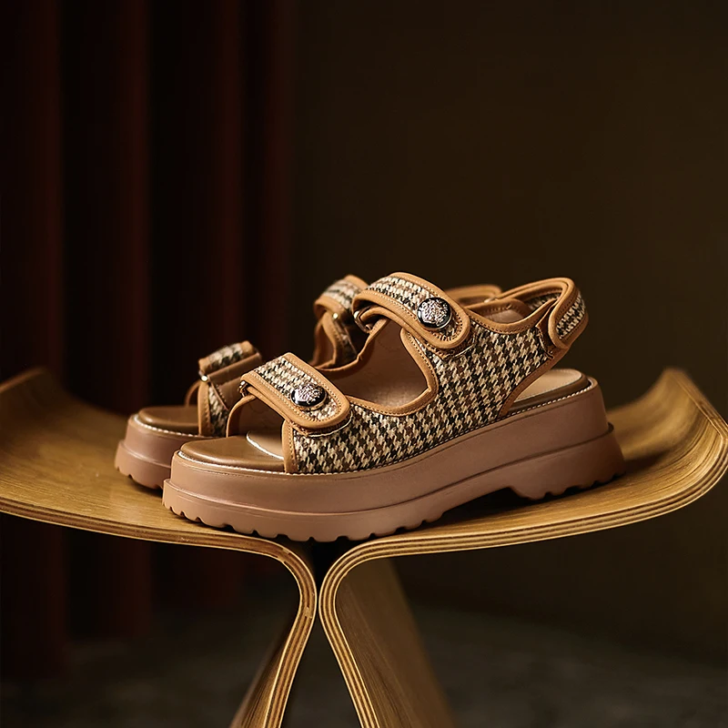

2022 summer women sandals natural leather 22-24.5cm length Cowhide +plaid fabric upper double buckle hook&loop woman sandals