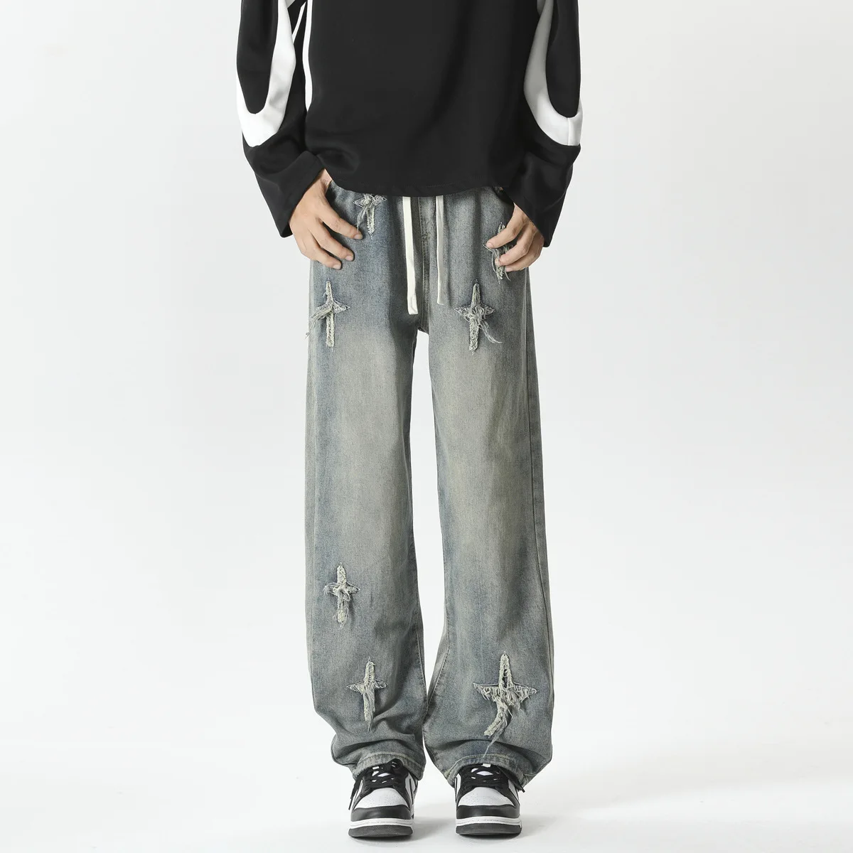 Джинсы мужские с вышивкой в американском стиле свободные прямые повседневные