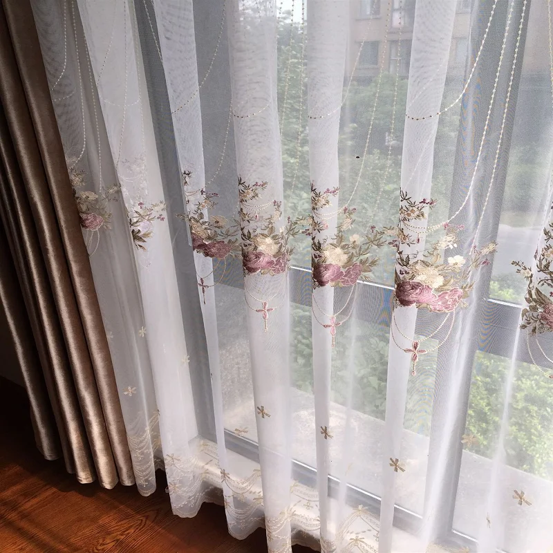 

French Curtainsfor Living Room Bedroom Romantic Embroidered Tulle Screen Pastoral Hanging Basket Finished Product Customization