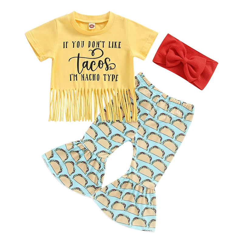 

Летняя одежда для девочек, детские наряды, футболка с буквенным принтом и коротким рукавом с кисточками и повседневные расклешенные брюки, ...