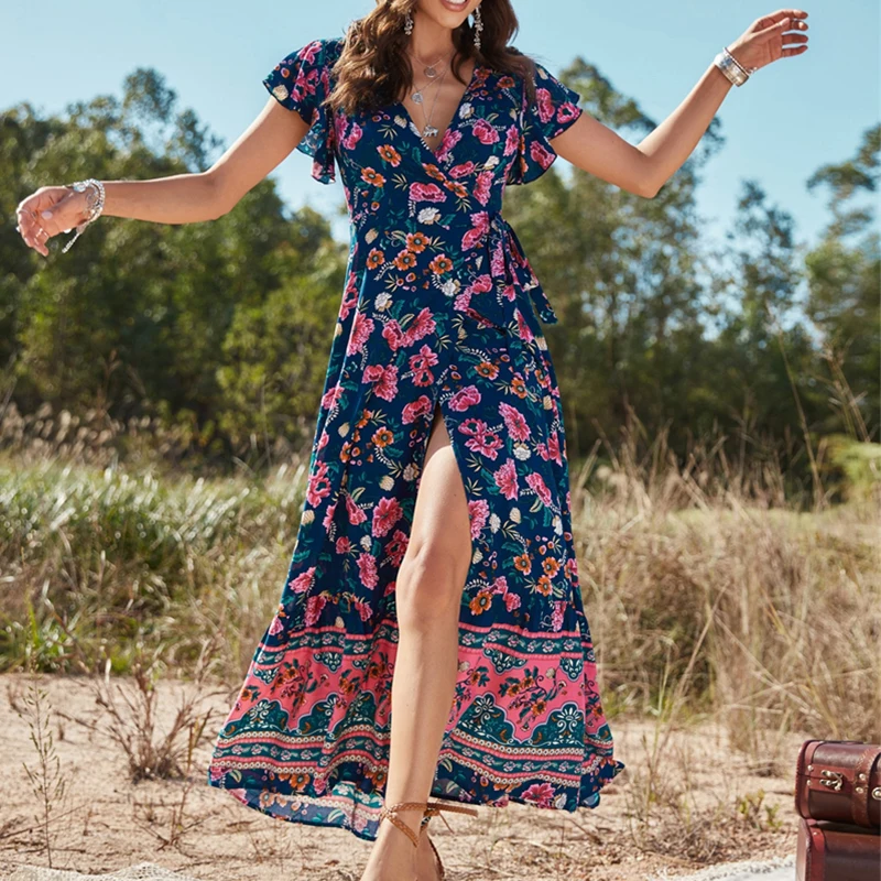 

2022 Summer New Women's V-Neck Lace-up Long Dress Short-sleeved Printed Thin Section Waist And Slim Beach Dress
