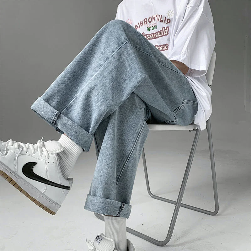 Summer Blue/Black Jeans Men Fashion Casual Straight Jeans Men Streetwear Loose Hip Hop Wide Legs Denim Pants Mens Trousers M-3XL