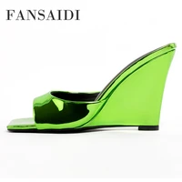 fansaidi summer fashion womens shoes new elegant orange square toe wedges blue slippers sexy big size 40 41 42 43 44 45