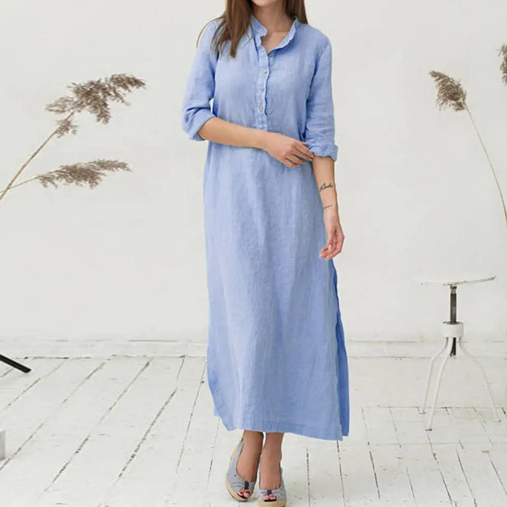 

Stand Collar Buttons Half Placket Slant Pockets Side Split Hem Vintage Dress Long Sleeve Solid Color Simple Midi Dress Vestido