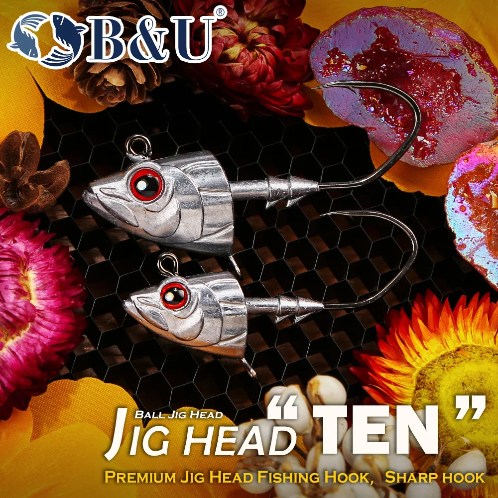 Фото Джиг-головки B&U Fish Head, 2 размера, острые крючки из высокоуглеродистой стали с грузилом, для мягких приманок, для ловли баса в пресной и соленой воде №1