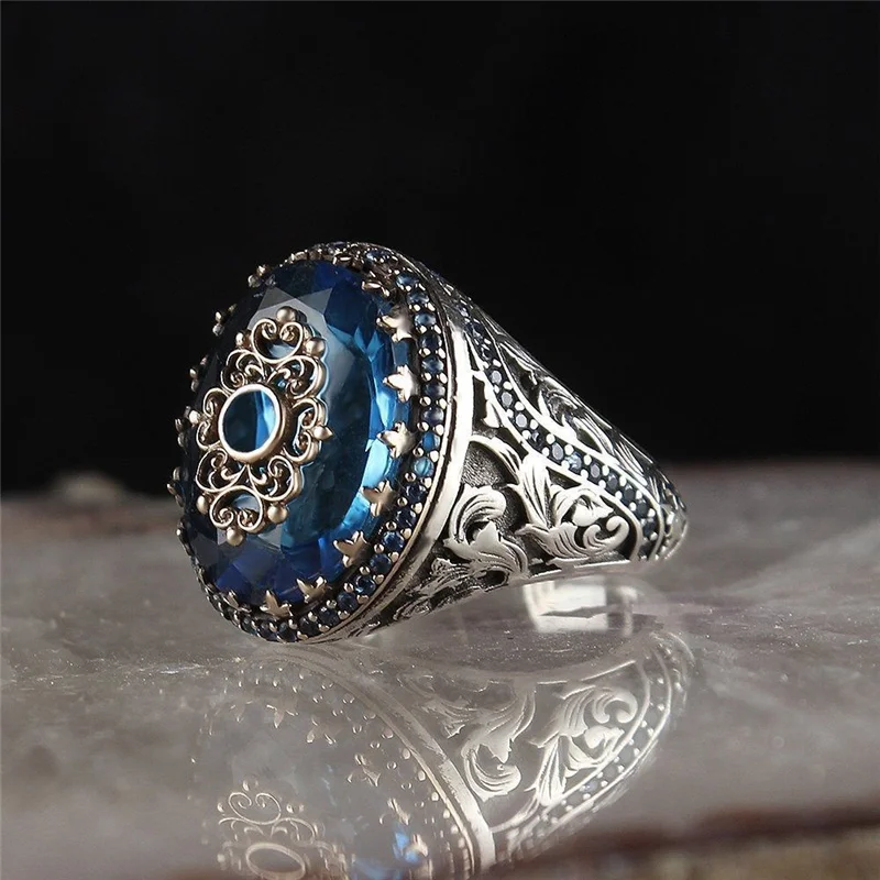 

2022 Sea Blue Handmade Turkish Signet Rings for Men Women Vintage Silver Plated Engraved Crystal Inlaid Muslim Religious Jewelry