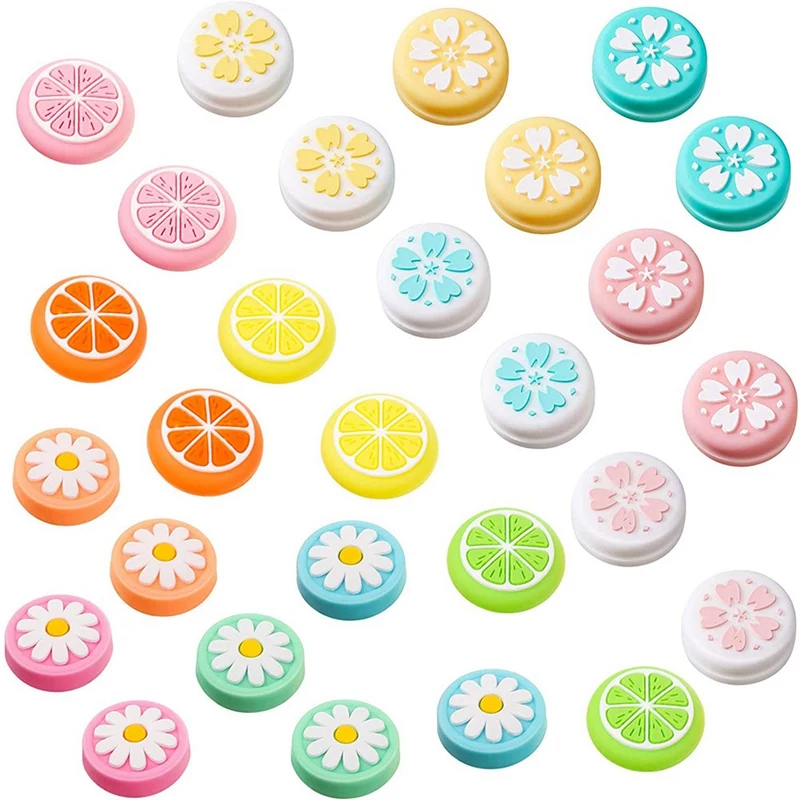 

28 Pcs Silicone Thumb Grip Replacement Cover Keycap Flower And Fruit Design For Nintendo Switch Lite Joy-Con Controller