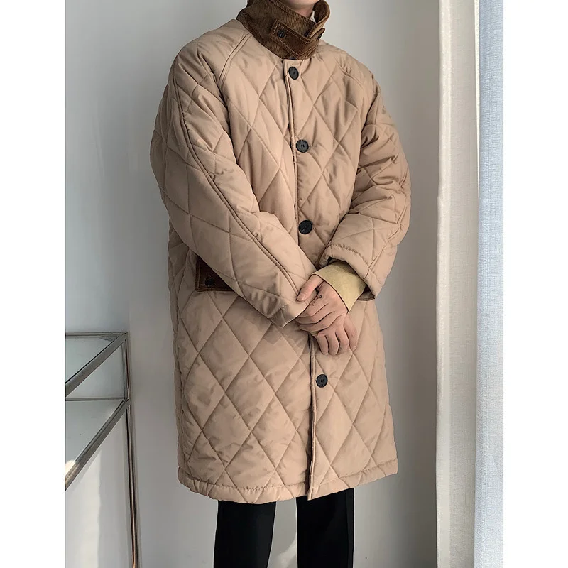 Winter Thick Long Coat Men Warm Fashion Cotton Oversized Jacket Men Korean Loose Khaki Black Plaid Overcoat Mens Parker M-2XL