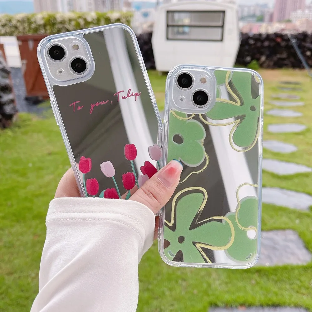 

Зеркальный чехол с тюльпаном и зеленым цветочным узором для телефона IPhone 12Pro 12 13ProMax 13 11ProMax 11 XS X XR XSMAX, противоскользящий мягкий чехол