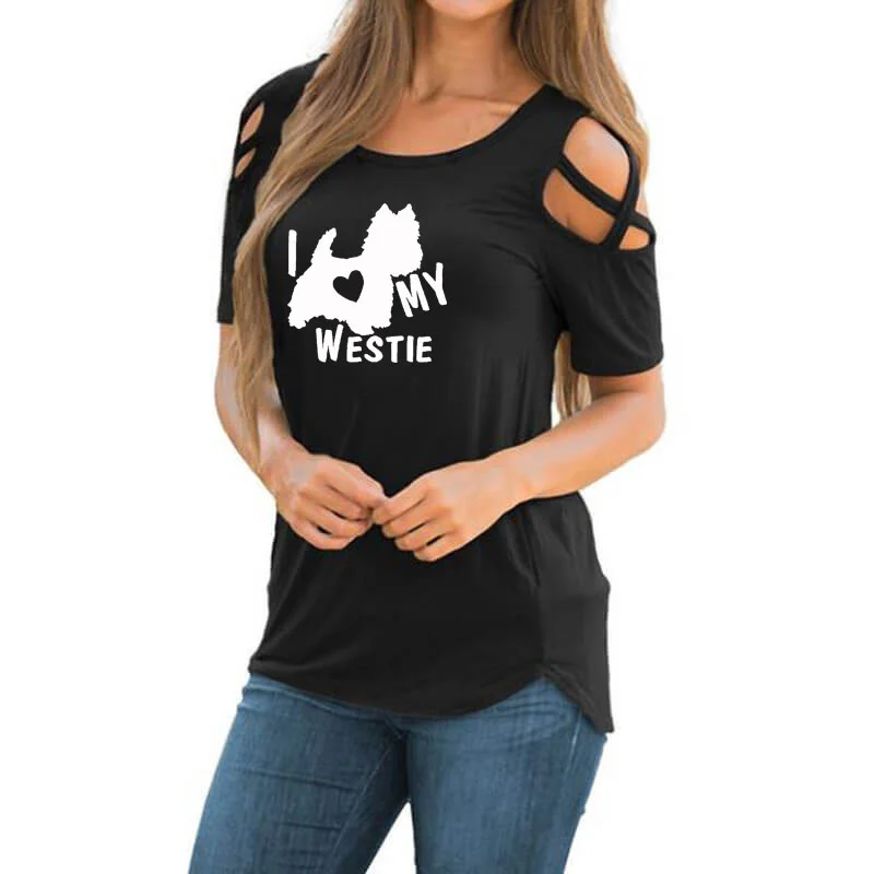 

i Love My Westie Terrier Dog Print Tshirt for Female Summer Animal Lover Gift Cross Off Shoulder Casual T-shirt Women Femme Tops