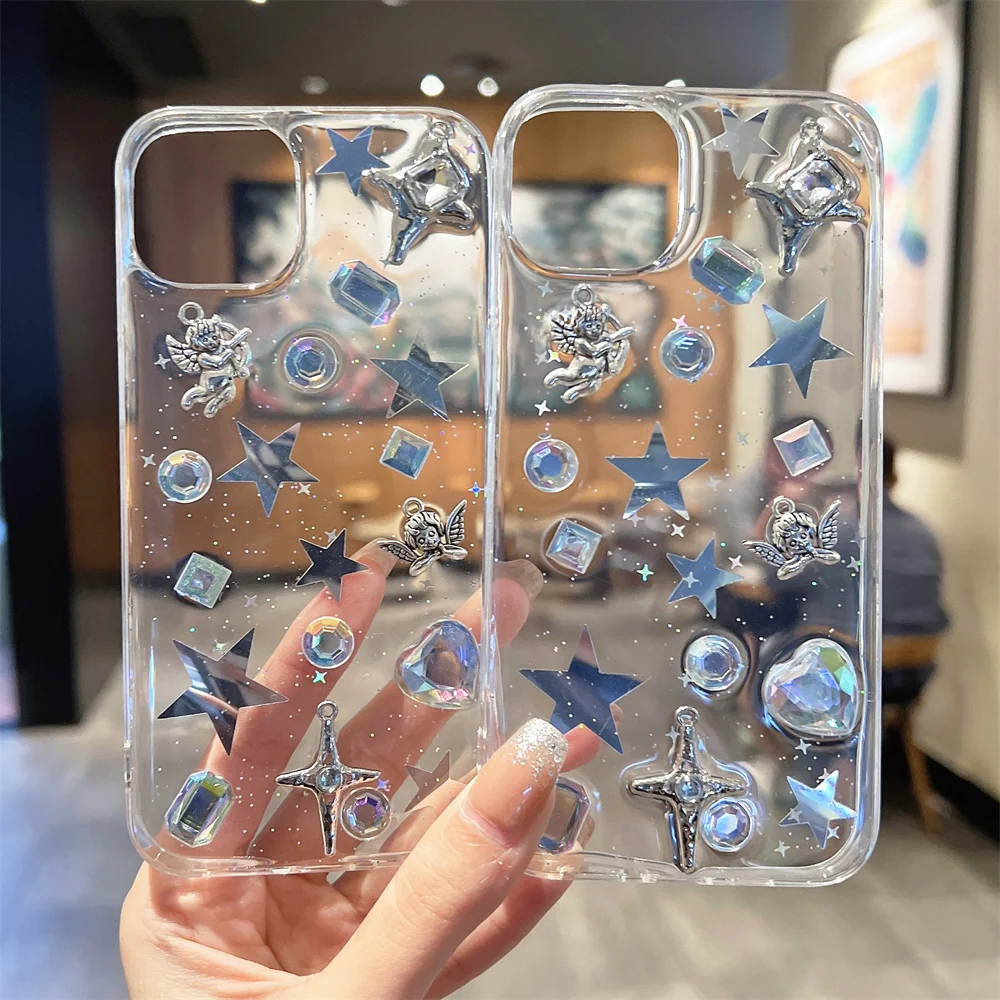 

USLION Luxury Star Diamond Angle Decoration Phone Case For iPhone 14 13 12 11 Pro Max X XS XR 7 8 Plus Transparent Soft TPU Back