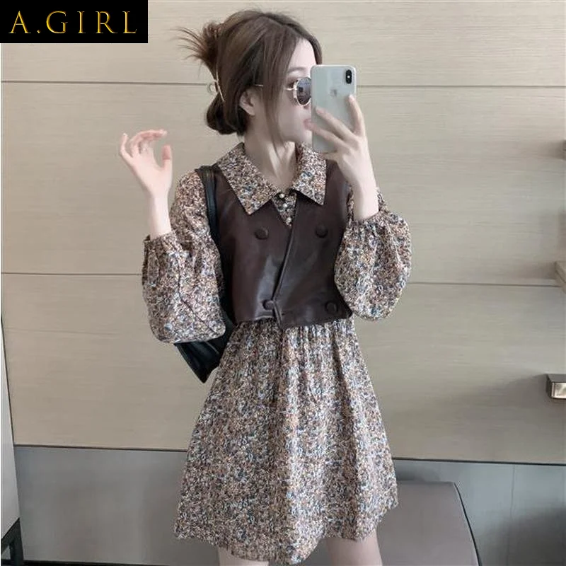 

Women Set Double Breasted Vest Floral Mini Dress Spring Holiday Romantic Elegant Temperament Ladies Soft Chic Leisure College