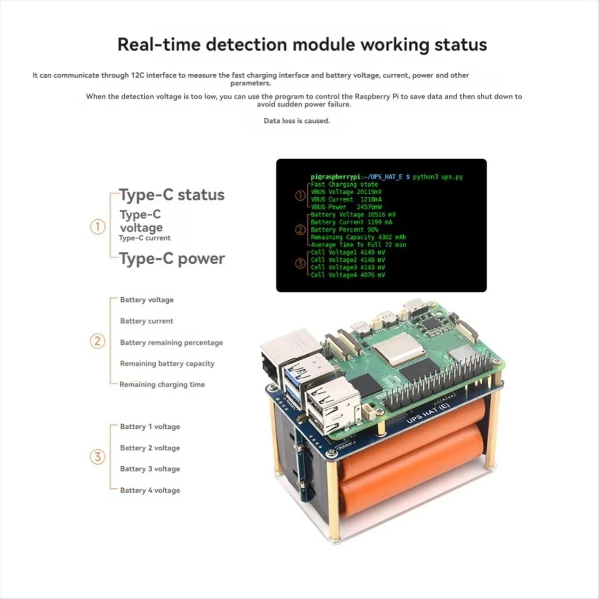 Фото Блок бесперебойного питания (ИБП) goodidea для Raspberry Pi 5, модуль HAT Type-C с быстрой зарядкой для Raspberry Pi 4B/3B+ №2