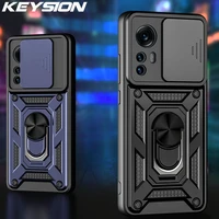 keysion shockproof case for xiaomi 12 12x 12 pro ring stand push pull camera protection phone cover for redmi 10 2022 k40 pro