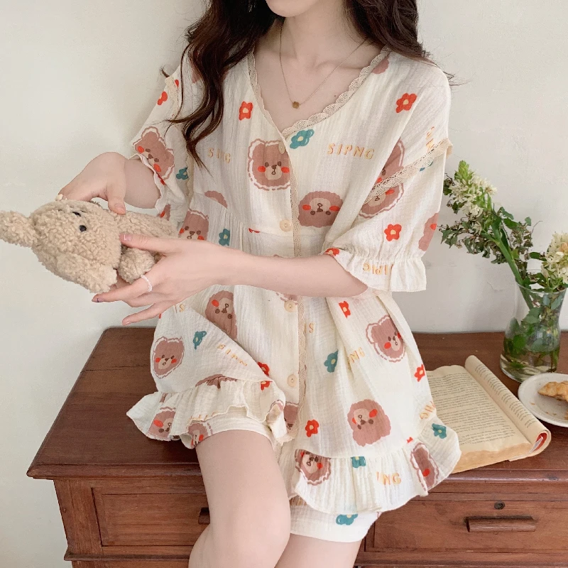 

Комплект женской летней пижамы из 2 предметов, хлопковая Элегантная короткая кружевная Пижама с оборками и рукавами-вишней, с принтом медве...