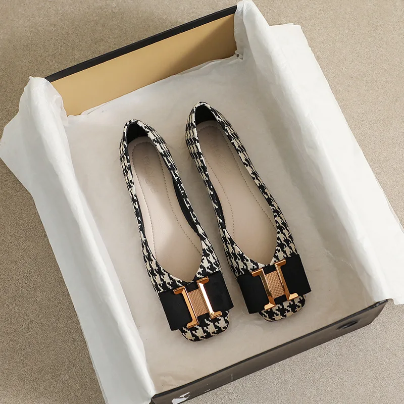 Spring Autumn New Casual Square Toe Women's Shoes Retro Simple Plaid Beanie Shoes Korean Version Metal Buckle Flat Shoes Women