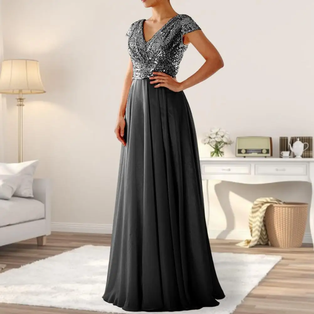 

Elegant Sequins Chiffon Pleated Hem Dress V Neck Short Sleeve Waist Tight Maxi Dress Dressing Up Stitching Evening Dress 2022