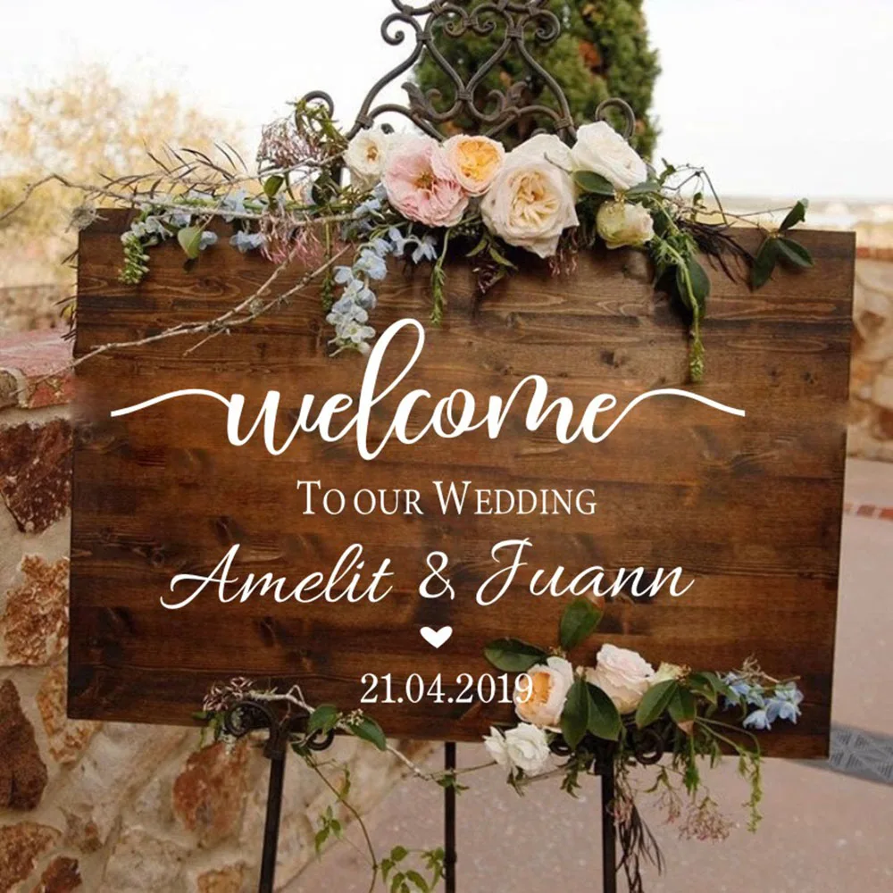 

Wedding Ceremony Welcome Sign Wall Sticker Custom Bride Groom Names Vinyl Decal Wedding Board Mirror Murals Décoration G211