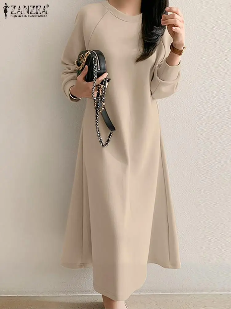 

Модное зимнее платье-свитшот ZANZEA 2023, стильный женский Однотонный сарафан средней длины с длинным рукавом, повседневное и вечерние нее плать...