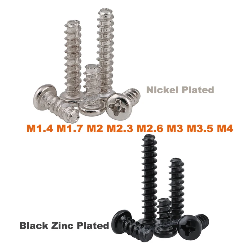 

20-200pcs M1.4-M4 Phillips Round Flat Tail Self Tapping Screws Cross Recessed Button Head Wood Screw Black Zinc/Nickel Plated