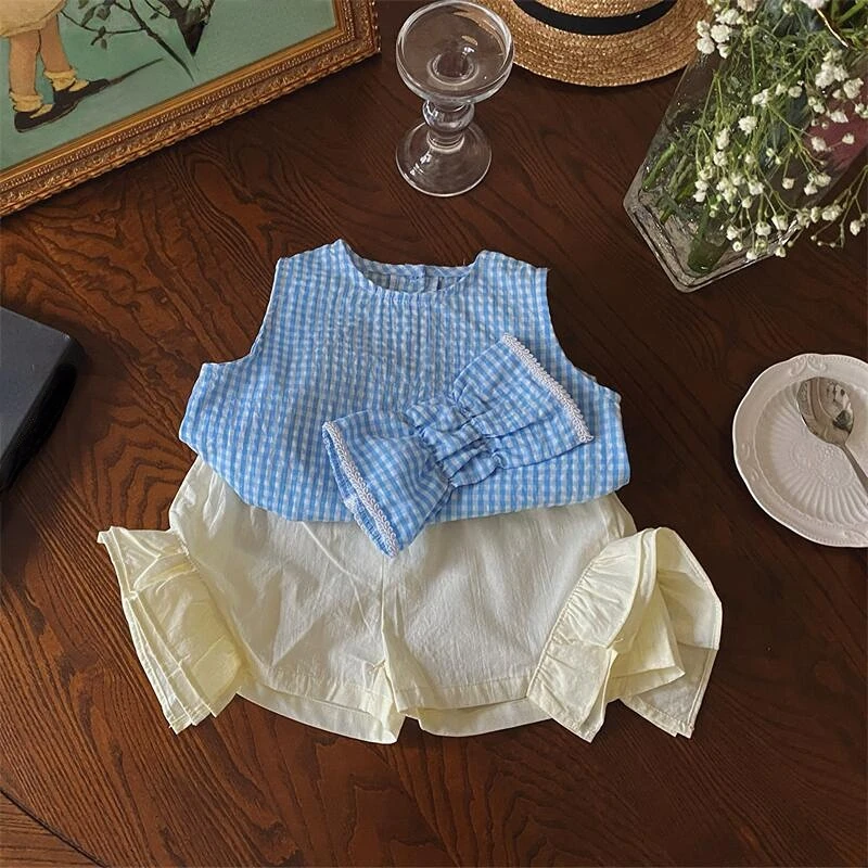 

Newborn Baby Set for Girls Spring Summer Plaid Bow Sleeveless Tops+Solid Shorts Infant Suits Kids Children Clothing