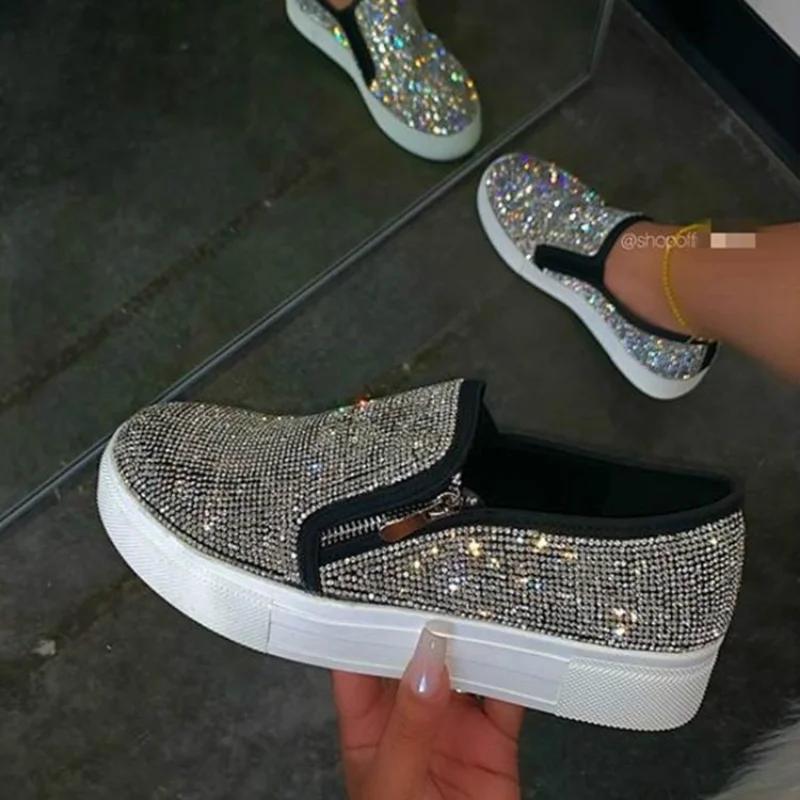 Fashion Loafers Shiny Rhinestone Zipper Shoes Women's Outdoor Casual Shoes Women  2023 New Women's Thick Sole Vulcanized Shoes