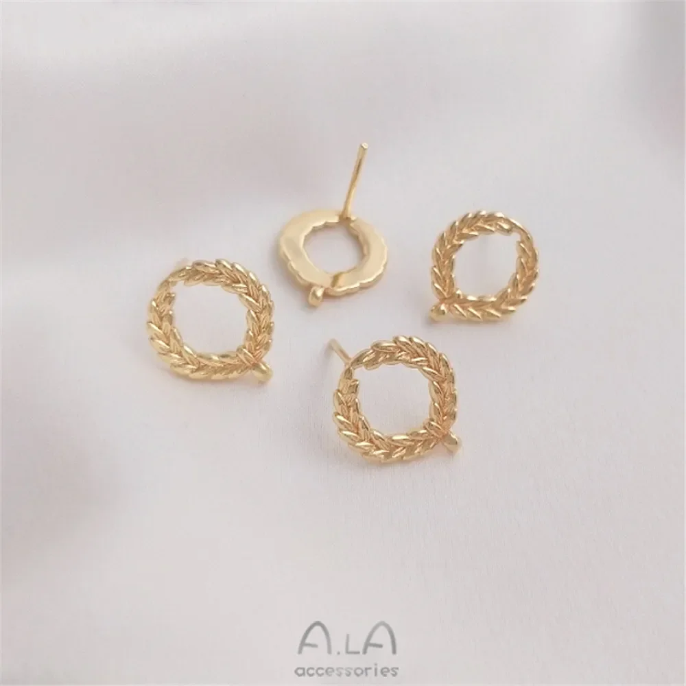 Серьги из пшеницы в золоте 14 карат с подвесными серебряными иглами 925 пробы