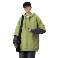 spring new mens hooded stitching wild pullover loose casual fake two piece hoodie