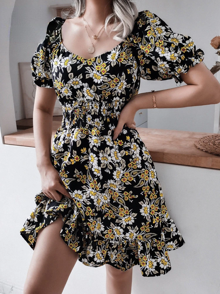 

Dress for Women Chiffon Casual Beach Sundress Vintage Floral Print A-line Ruffle Sexy Party Black Mini Women's Summer Dress 2023