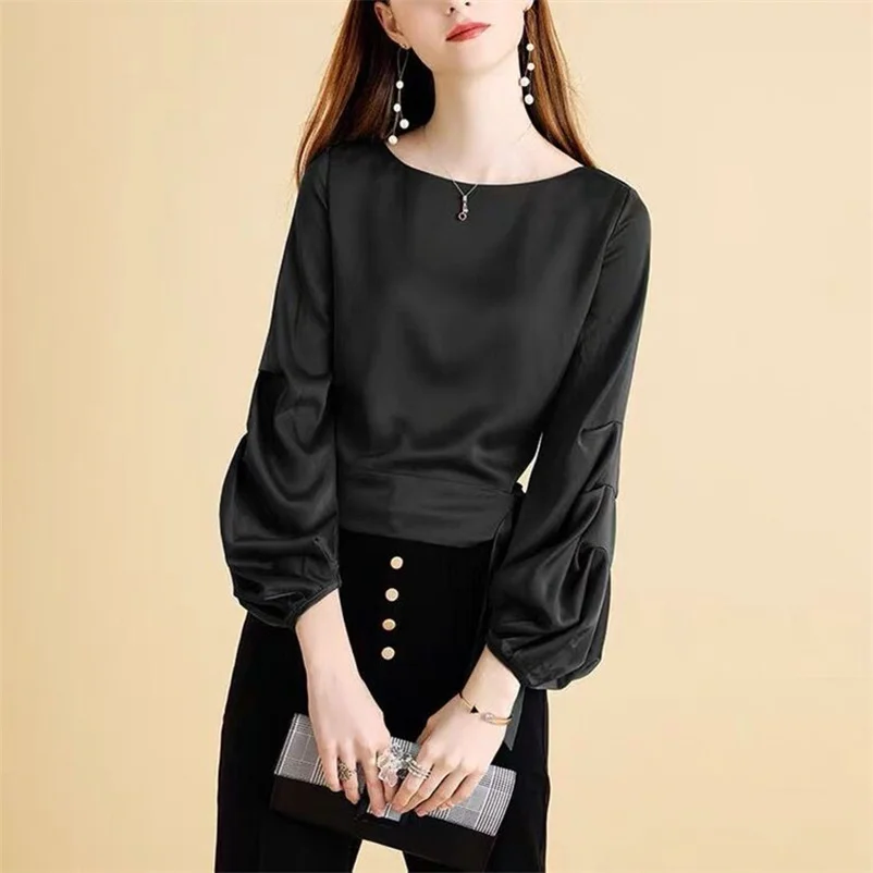 

Spring Women Satin Tops High Street Female Fashion Elegant Shirt Stylish Chic T-Shirt O-Neck Puff Long Sleeve Loose Blouses Tops