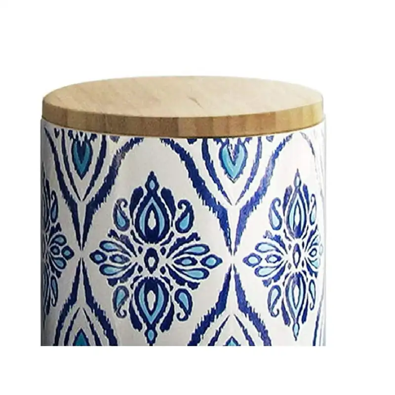 

4 Piece Variety Stoneware Canister Set with Wooden Lids, Blue and White