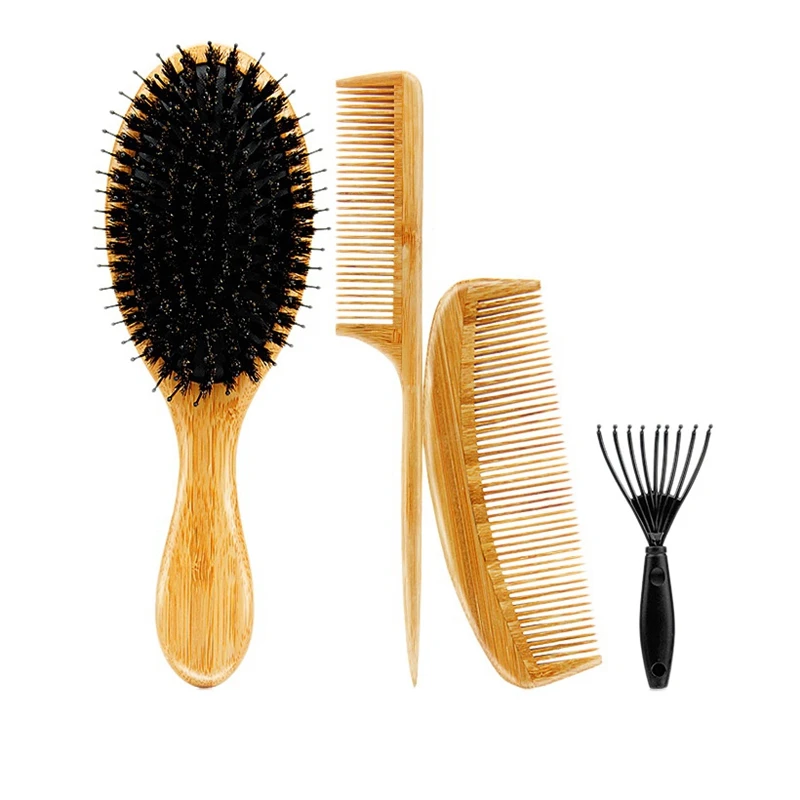 

4Pcs Massage Comb Hair Brush Natural Bamboo Handle Boar Bristles Healthy Paddle Scalp Hairbrush Anti Static Hair Brush