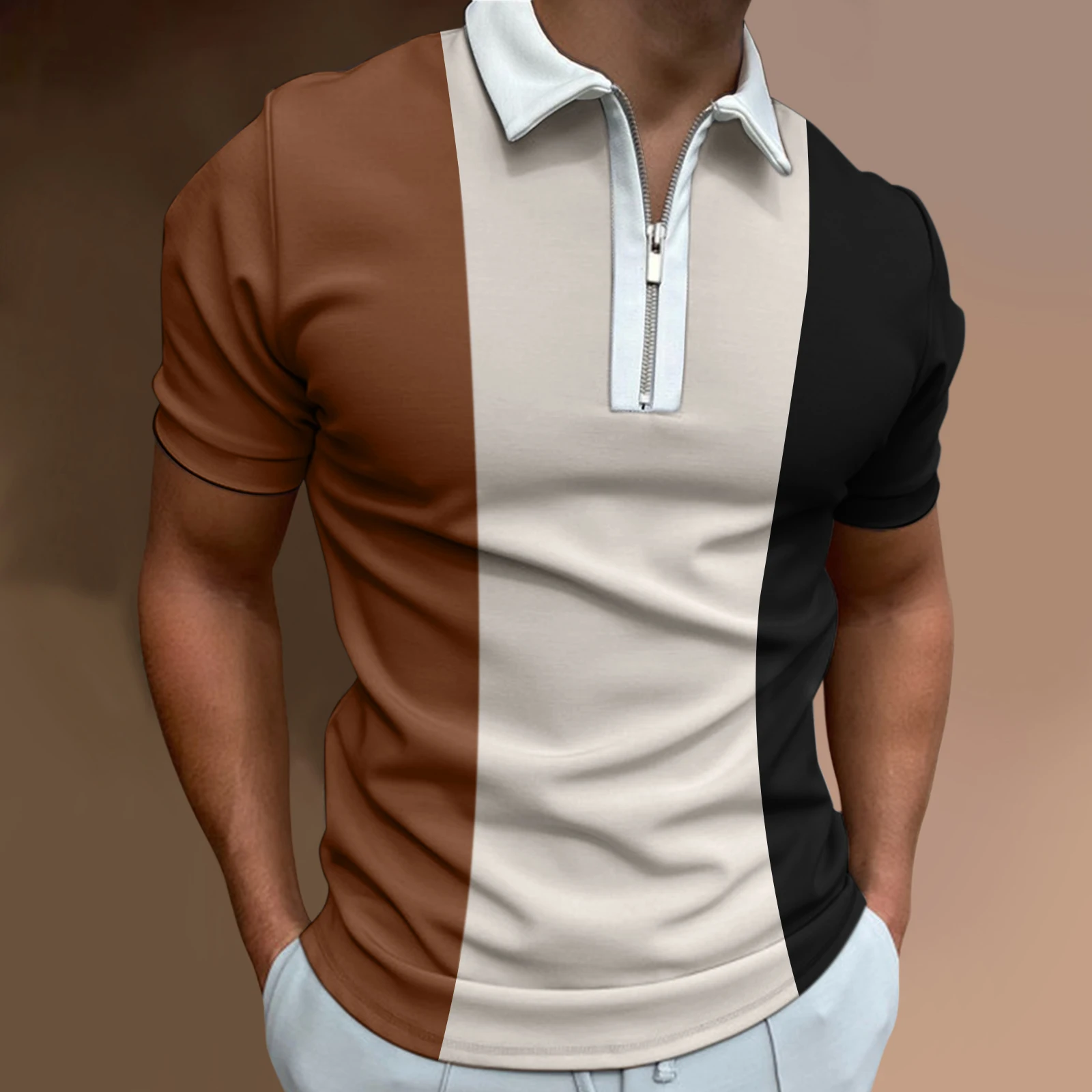 

Мужская приталенная рубашка-поло с принтом, мужские однотонные рубашки-поло на молнии с лацканами, брендовая мужская футболка с короткими р...