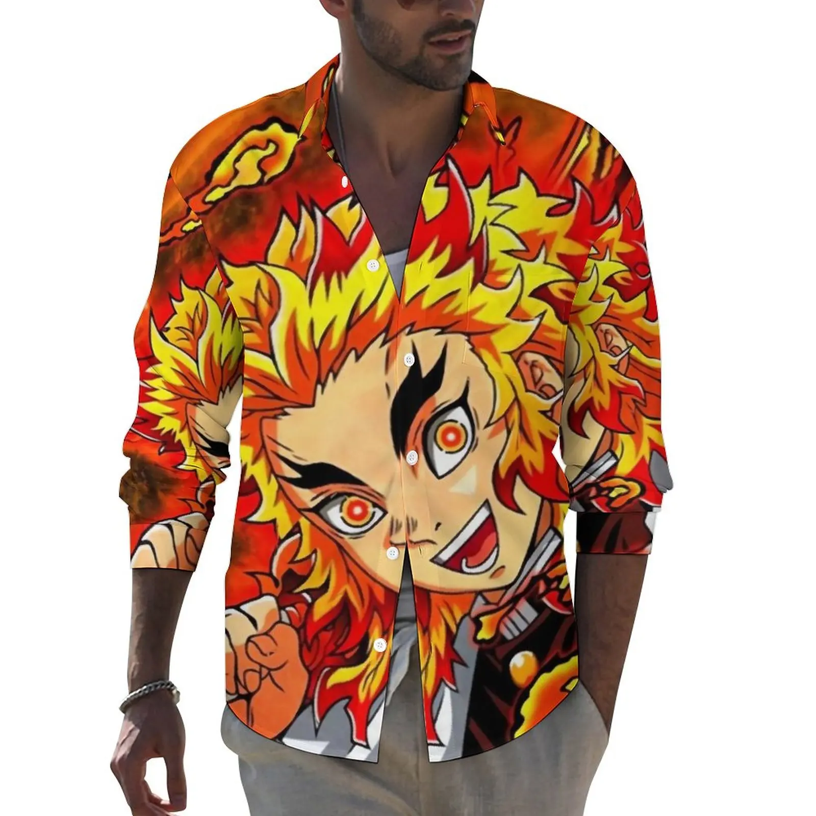 

Demon Slayer Shirt Spring The Flame Hashira Casual Shirts Men Vintage Blouses Long Sleeve Printed Street Style Top 3XL 4XL