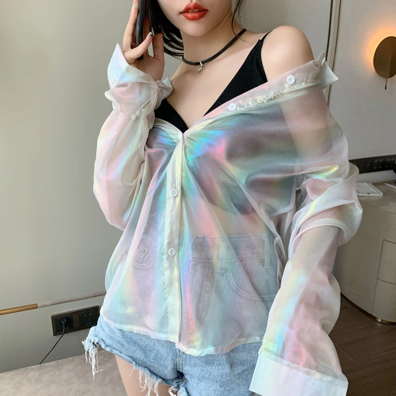 

Full Sleeve Summer Sparkles Transparent T-Shirts 2021 Shiny Sequined Women Tshirts Cool Thin Loose Streetwear Tops Women Clothes